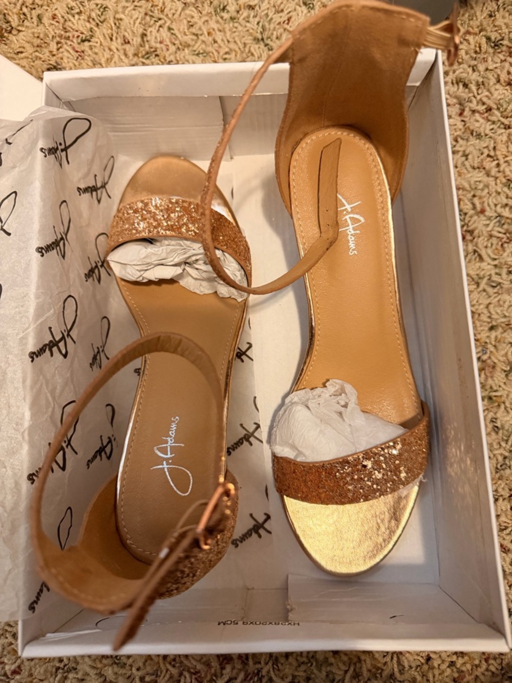 J Adam’s Gold Glitter Block Heel Sandals - Women's Elegant Evening Shoes - Picture 2 of 3